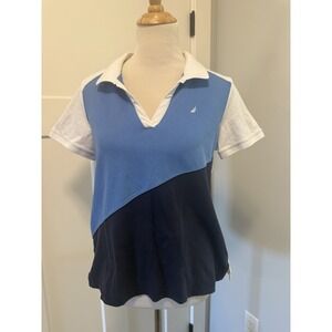 NAUTICA Color block Navy Split Spread Collar Ribbed Short Sleeve Polo Top Large
